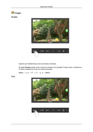 Page 55 Imagen
Grueso Suprime las interferencias como las bandas verticales.
El ajuste 
Grueso puede mover  el 
área de imagen de la pantalla. Puede volver a ubicarla en
el centro mediante el menú de control horizontal.
MENU →   ,   →   →   →   ,   → MENU
Fino Ajuste del monitor
Downloaded from ManualMonitor.com Manual± 