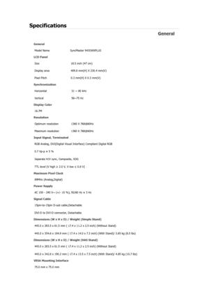 Page 186Specifications 
General 
General Model Name  SyncMaster 943SW
X
PLUS 
LCD Panel 
Size  18.5 inch (47 cm)
Display area  409.8 mm(H) X 230.4 mm(V)
Pixel Pitch  0.3 mm(H) X 0.3 mm(V)
Synchronization  Horizontal  31 ~ 80 kHz 
Vertical 56~75  Hz 
Display Color 
16.7M
Resolution 
Optimum resolution  1360 X 768@60Hz
Maximum resolution  1360 X 768@60Hz
Input Signal, Terminated RGB Analog, DVI(Digital Visual Interface) Compliant Digital RGB 
0.7 Vp-p ± 5 % 
Separate H/V sync, Composite, SOG 
TTL level (V high  ≥...