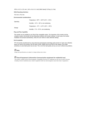 Page 350 Note 
Design and specifications are subject to change without prior notice. 
 Class B Equipment (Information Communication equipment for residential use) 
This product complies with the Electromagnetic Compatibility Di rectives for residential use and can be used in all areas 
including common residential areas. (Class B equipment emits less electromagnetic waves than Class A equipment.) 
479.0 x 417.2 x 231 mm ( 18.9 x 16.4 x 9.1 inch) (With Stand)/ 5.55 kg (11.2 lbs) 
VESA Mounting Interface 
75.0 mm...