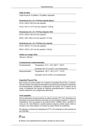 Page 166Cable de señal
Cable D-sub de 15 patillas a 15 patillas, separable
Dimensiones (An x Al x Pr)/Peso (soporte básico)
513,0 x 326,5 x 65,5 mm (sin soporte)
513,0 x 401,5 x 217,5 mm (sin soporte) / 4,60 kg
Dimensiones (An x Al x Pr)/Peso (Soporte HAS)
513,0 x 326,5 x 65,5 mm (sin soporte)
505,5 x 364 x 200,2 mm (sin soporte) / 5,15 kg
Dimensiones (An x Al x Pr)/Peso (Con soporte)
513,0 x 326,5 x 71,3 mm (sin soporte)
505,5 x 435,5 x 231 mm (sin soporte) / 5,65 kg
Interfaz de montaje VESA
100 mm x 100 mm...