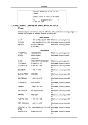 Page 197Vía  Lopez  Portillo  No.  6,  Col.  San  Fco.
Chilpan
Tultitlán, Estado de México, C.P. 54940
Tel: 
01-55-5747-5100  /
01-800-726-7864 {2243SN/2243SNX} Contacte con SAMSUNG WORLDWIDE
 Nota
Si tiene cualquier  comentario 
o pregunta referentes a los productos Samsung, póngase en
contacto con el centro de atención al cliente de SAMSUNG.
North America
U.S.A 1-800-SAMSUNG(726-7864) http://www.samsung.com/us
CANADA 1-800-SAMSUNG(726-7864) http://www.samsung.com/ca
MEXICO 01-800-SAMSUNG
(726-7864)...