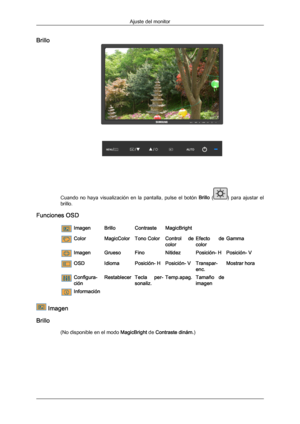 Page 48Brillo
Cuando  no  haya  visualización  en  la  pantalla,  pulse  el  botón 
Brillo  ( )  para  ajustar  el
brillo.
Funciones OSD Imagen
BrilloContrasteMagicBright Color
MagicColorTono Color Control  de
colorEfecto  de
colorGamma Imagen
GruesoFinoNitidezPosición- HPosición- V OSD
IdiomaPosición- HPosición- V Transpar-
enc.Mostrar hora Configura-
ción
Restablecer
Tecla  per-
sonaliz.Temp.apag.
Tamaño  de
imagen  Información
 Imagen
Brillo (No disponible en el modo  MagicBright de Contraste dinám.)Ajuste...