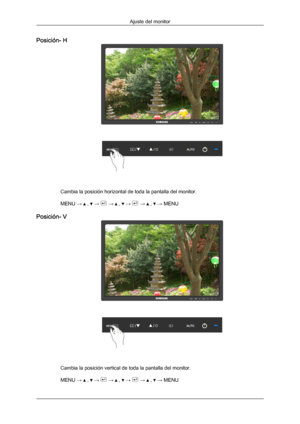 Page 97Posición- H
Cambia la posición horizontal de toda la pantalla del monitor.
MENU → 
 ,   →   →   ,   →   →   ,   → MENU
Posición- V Cambia la posición vertical de toda la pantalla del monitor.
MENU → 
 ,   →   →   ,   →   →   ,   → MENU
Ajuste del monitorDownloaded from ManualMonitor.com Manual± 