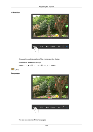 Page 102V-Position
Changes the vertical position of the monitor's entire display.
(Available in 
Analog mode only)
MENU →   ,   →   →   ,   →   →   ,   → MENU
 OSD
Language You can choose one of nine languages. Adjusting the Monitor
101Downloaded from ManualMonitor.com Manual± 