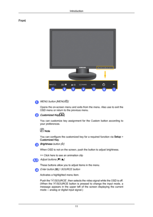 Page 12FrontMENU button [MENU/]
Opens the on-screen menu and exits from the menu. Also use to exit the
OSD menu or return to the previous menu.
Customized Key[
]
You  can  customize 
key  assignment  for  the  Custom  button  according  to
your preferences.  Note
You can  configure 

the customized key for a required function via  Setup >
Customized Key.
Brightness button []
When OSD is not on the screen, push the button to adjust brightness.
>> Click here to see an animation clip
Adjust buttons []
These...