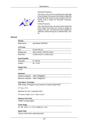 Page 137Horizontal Frequency
The time to scan one line connecting the right edge
to 
the  left 
edge 
of the screen horizontally is called the
Horizontal Cycle and the inverse number of the Hor-
izontal  Cycle  is  called  the  Horizontal  Frequency.
Unit: kHz
Vertical Frequency
Like a fluorescent lamp, the screen has to repeat the
same  image  many  times 
 per  second  to  display  an
image to the user. The frequency of this repetition is
called the Vertical Frequency or Refresh Rate. Unit:
Hz
General General...