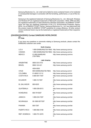 Page 164Samsung Electronics Co., Ltd. shall not be liable for errors contained herein or for incidental
or 
consequential  damages 
in connection with the furnishing, performance, or use of this ma-
terial.
Samsung is the registered trademark of Samsung Electronics Co., Ltd.; Microsoft, Windows
and Windows NT are registered trademarks of Microsoft Corporation; VESA, DPM and DDC
are registered trademarks of Video Electronics Standard Association; the ENERGY STAR ®
name  and  logo  are  registered  trademarks  of...