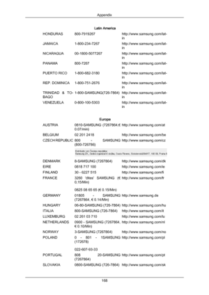 Page 169Latin America
HONDURAS 800-7919267 http://www.samsung.com/lat-
in
JAMAICA 1-800-234-7267 http://www.samsung.com/lat-
in
NICARAGUA 00-1800-5077267 http://www.samsung.com/lat-
in
PANAMA 800-7267 http://www.samsung.com/lat-
in
PUERTO RICO 1-800-682-3180 http://www.samsung.com/lat-
in
REP. DOMINICA 1-800-751-2676 http://www.samsung.com/lat-
in
TRINIDAD  &  TO-
BAGO 1-800-SAMSUNG(726-7864) http://www.samsung.com/lat-
in
VENEZUELA 0-800-100-5303 http://www.samsung.com/lat-
in
Europe
AUSTRIA 0810-SAMSUNG...