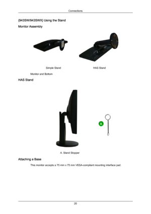 Page 21{943SW/943SWX} Using the Stand
Monitor Assembly
Simple Stand
HAS Stand
Monitor and Bottom
HAS Stand A. Stand Stopper
Attaching a Base This monitor accepts a 75 mm x 75 mm VESA-compliant mounting interface pad. Connections
20Downloaded from ManualMonitor.com Manual± 