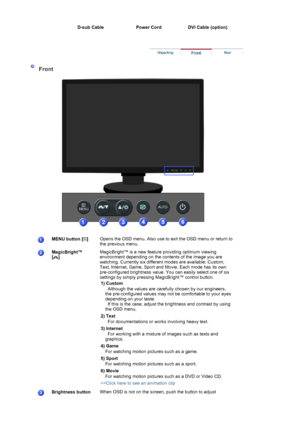 Page 11D-sub Cable  Power Cord  DVI Cable (option)
 
 
 
 Front 
 
 
 
MENU button [ ] 
 Opens the OSD menu. Also use to exit the OSD menu or return to 
the previous menu.  
MagicBright™  
[] 
 
 
 
 MagicBright™ is a new feature providing optimum viewing 
environment depending on the contents of the image you are 
watching. Currently six different modes are available: Custom, 
Text, Internet, Game, Sport and Movie. Each mode has its own 
pre-configured brightness value. You can easily select one of six...