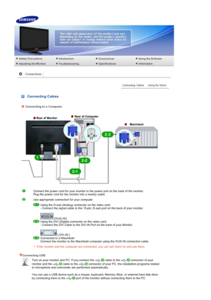 Page 18 
 
 Connecting Cables
 
 Connecting to a Computer
Connect the power cord for your monitor to the power port on the back of the monitor.  
Plug the power cord for the monitor into a nearby outlet. 
Use appropriate connection for your computer.
 
Using the D-sub (Analog) connector on the video card.  
- Connect the signal cable to the 15-pin, D-sub port on the back of your monitor.  
 
 
[ RGB-IN ] Using the DVI (Digital) connector on the video card.  
- Connect the DVI Cable to the DVI-IN Port on the...