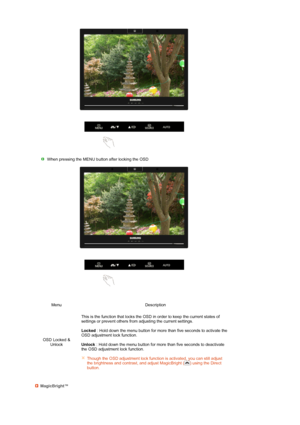 Page 39 
 
 
 
 When pressing the MENU button after locking the OSD
Menu Description
OSD Locked & 
UnlockThis is the function that locks the OSD in order to keep the current states of 
settings or prevent others from adjusting the current settings.  
 
Locked : Hold down the menu button for more than five seconds to activate the 
OSD adjustment lock function. 
 
Unlock : Hold down the menu button for more than five seconds to deactivate 
the OSD adjustment lock function. 
 
Th ough the OSD adjustment lock...