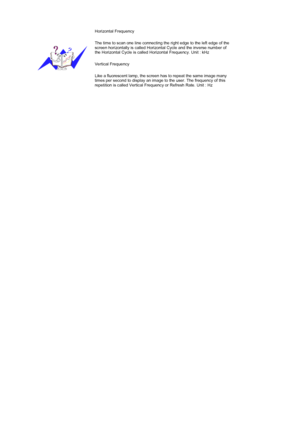 Page 55Horizontal Frequency
The time to scan one line connecting the right edge to the left edge of the 
screen horizontally is called Horizontal Cycle and the inverse number of 
the Horizontal Cycle is called Horizontal Frequency. Unit : kHz 
Vertical Frequency
Like a fluorescent lamp, the screen has to repeat the same image many 
times per second to display an image to the user. The frequency of this 
repetition is called Vertical Frequency or Refresh Rate. Unit : Hz
 