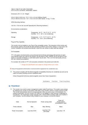 Page 40Design and specifications are subject to change without prior notice.
Class B Equipment (Information Communicat ion equipment for residential use)
This product complies with the Electromagnetic Compatibility Directi ves for residential use and can be 
used in all areas including common residential areas. 
 
(Class B equipment emits less electr omagnetic waves than Class A equipment.)
 
 
 
 PowerSaver 
This monitor has a built-in power management system called PowerSav er. This system saves energy 
by...