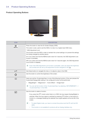 Page 203-4Using the product
3-4 Product Operating Buttons
Product Operating Buttons
ICONDESCRIPTION
Press this button to view the On Screen Display (OSD).
This button is also used to exit the OSD or to return to a higher-level OSD menu
* OSD Adjustment Lock
This function locks the OSD in order to maintain the current settings or to prevent the settings 
from being changed by another person
On: If you press and hold the MENU button down for 5 seconds, the OSD Adjustment Lock 
function is activated.
Off: If you...