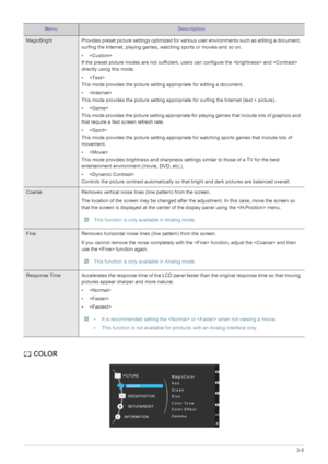 Page 23Using the product3-5
 COLOR
MagicBright Provides preset picture settings optimized for various user environments such as editing a document, 
surfing the Internet, playing games, watching sports or movies and so on.
• 
If the preset picture modes are not sufficient, users can configure the  and  
directly using this mode.
• 
This mode provides the picture setting appropriate for editing a document.
•
This mode provides the picture setting appropriate for surfing the Internet (text + picture).
•
This mode...
