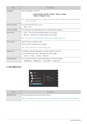 Page 263-5Using the product
 INFORMATION
Language Select a language for the OSD.
 The selected language is only applied to the product OSD. This setting does not affect the other 
functions of the PC.
 
Off Timer On/Off You can turn the Off Timer on or off.
•  - 
Off Timer Setting Turns the power off automatically when the configured time is reached.
Auto Source •  - The monitor automatically selects an input signal.
•  - Users have to manually select an input signal.
 This function is not available for...