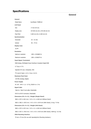 Page 74Specifications 
General 
General Model Name  SyncMaster 743B
PLUS 
LCD Panel 
Size  17 inch (43 cm) 
Display area  337.920 mm (H) x 270.336 mm (V)
Pixel Pitch  0.264 mm (H) x 0.264 mm (V) 
Synchronization 
Horizontal  30 ~ 81 kHz 
Vertical  56 ~ 75 Hz 
Display Color 
16.7M  
Resolution 
Optimum resolution  1280 x 1024@60 Hz 
Maximum resolution  1280 x 1024@75 Hz 
Input Signal, Terminated RGB Analog, DVI(Digital Visual  Interface) Compliant Digital RGB 
0.7 Vp-p ± 5 % 
Separate H/V sync, Composite, SOG...