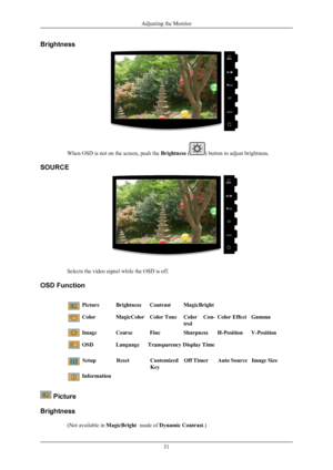 Page 32Brightness
When OSD is not on the screen, push the 
Brightness ( ) button to adjust brightness.
SOURCE Selects the video signal while the OSD is off.
OSD Function Picture
BrightnessContrastMagicBright Color
MagicColorColor ToneColor  Con-
trolColor Effect
Gamma
Image Coarse FineSharpnessH-PositionV-Position OSD
Language      Transparency Display Time Information
 Picture
Brightness (Not available in  MagicBright  mode of Dynamic Contrast.)Adjusting the Monitor
31Setup
ResetCustomized
KeyOff Timer
Auto...