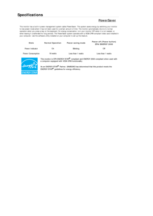 Page 47Specifications 
PowerSaver 
This monitor has a built-in power management system called PowerSaver. This system saves energy by switching your monitor 
to low-power mode when it has not been used for a certain amount of time. The monitor automatically returns to normal 
operation when you press a key on the keyboard. For energy conservation, turn your monitor OFF when it is not needed, or 
when leaving it unattended for long periods. The PowerSaver system operates with a VESA DPM compliant video card...