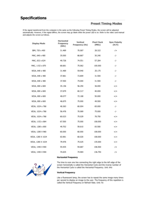 Page 141Specifications 
Preset Timing Modes 
If the signal transferred from the computer is the same as the following Preset Timing Modes, the screen will be adjusted 
automatically. However, if the signal differs, the screen may go blank while the power LED is on. Refer to the video card manua l 
and adjusts the screen as follows. 
Display Mode  Horizontal 
Frequency 
(kHz)  Vertical 
Frequency (Hz)  Pixel Clock 
(MHz)  Sync Polarity 
(H/V) 
IBM, 720 x 400  31.469 70.087 28.322  -/+ 
MAC, 640 x 480  35.000...