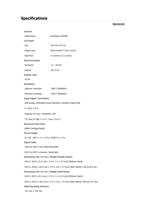 Page 182Specifications 
General 
General Model Name  SyncMaster 943SW
X 
LCD Panel 
Size  18.5 inch (47 cm)
Display area  409.8 mm(H) X 230.4 mm(V)
Pixel Pitch  0.3 mm(H) X 0.3 mm(V)
Synchronization  Horizontal  31 ~ 80 kHz 
Vertical 56~75  Hz 
Display Color 
16.7M
Resolution 
Optimum resolution  1360 X 768@60Hz
Maximum resolution  1360 X 768@60Hz
Input Signal, Terminated RGB Analog, DVI(Digital Visual Interface) Compliant Digital RGB 
0.7 Vp-p ± 5 % 
Separate H/V sync, Composite, SOG 
TTL level (V high  ≥ 2.0...