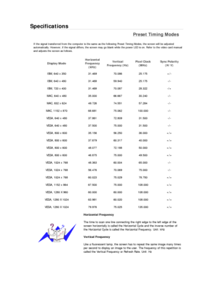 Page 193Specifications 
Preset Timing Modes 
If the signal transferred from the computer is the same as the following Preset Timing Modes, the screen will be adjusted 
automatically. However, if the signal differs, the screen may go blank while the power LED is on. Refer to the video card manual 
and adjusts the screen as follows. 
Display Mode Horizontal 
Frequency 
(kHz) Vertical 
Frequency (Hz) Pixel Clock 
(MHz) Sync Polarity 
(H/V) 
IBM, 640 x 350  31.469  70.086  25.175  +/- 
IBM, 640 x 480  31.469  59.940...