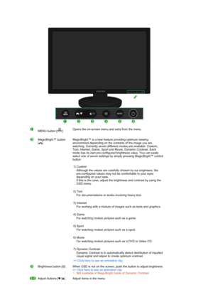 Page 15  
MENU button [ ]  
 Opens the on-screen menu and exits from the menu. 
MagicBright™ button  
[]  
 
 
 
 MagicBright™ is a new feature providing optimum viewing 
environment depending on the contents of the image you are 
watching. Currently seven different modes are available: Custom, 
Text, Internet, Game, Sport and Movie, Dynamic Contrast. Each 
mode has its own pre-configured brightness value. You can easily 
select one of seven settings by simply pressing MagicBright™ control 
button.  
 
1)...