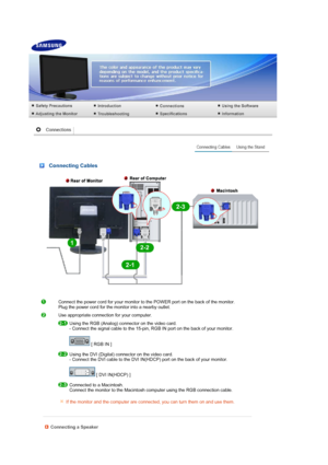 Page 18 
 
 
 
Connecting Cables 
Connect the power cord for your monitor to the POWER port on the back of the monitor.  
Plug the power cord for the monitor into a nearby outlet. 
Use appropriate connection for your computer.
 
Using the RGB (Analog) connector on the video card.  
- Connect the signal cable to the 15-pin, RGB IN port on the back of your monitor.  
 
 [ RGB IN ]  
 
Using the DVI (Digital) connector on the video card.  
- Connect the DVI cable to the DVI IN(HDCP) port on the back of your...