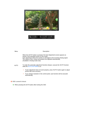 Page 33 
 
 
 
Menu Description
AUTO When the AUTO button is pressed, the Auto Adjustment screen appears as 
shown in the animated screen on the center.  
Auto adjustment allows the monitor to self-adjust to the incoming Analog signal. 
The values of fine, coarse and position are adjusted automatically.  
(Available in Analog mode only)  
 
 
To make the automatic adjustment function sharper, execute the AUTO function 
while the AUTO PATTERN is on.  
 
If auto adjustment does not work properly, press AUTO...