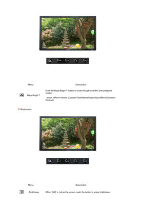 Page 35 
 
 
 
 
 
  
Menu Description
 
MagicBright™Push the MagicBright™ button to circle through available preconfigured 
modes.  
 
- seven different modes (Custom/Text/Internet/Game/Sport/Movie/Dynamic 
Contrast) 
Brightness
 
Menu Description
 
Brightness When OSD is not on the screen, push the button to adjust brightness.
 