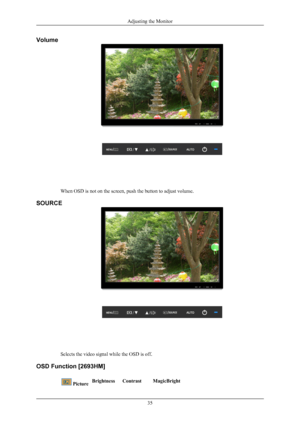 Page 36Volume
When OSD is not on the screen, push the button to adjust volume.
SOURCE
Selects the video signal while the OSD is off.
OSD Function [2693HM]
  PictureBrightnessContrastMagicBright
Adjusting the Monitor
35
 