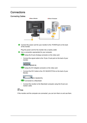 Page 14Connections
Connecting Cables
Connect the power cord for your monitor to the POWER port on the back
of the monitor.
Plug the power cord for the monitor into a nearby outlet. Use a connection appropriate for your computer.
   Using the D-sub (Analog) connector on the video card.
• Connect  the 

signal cable to the 15-pin, D-sub port on the back of your
monitor. [RGB IN]
   Using the DVI (Digital) connector on the video card.
• Connect the 
 DVI Cable to the 
DVI IN(HDCP) Port on the back of your
Monitor....