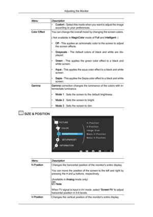 Page 32MenuDescription•
Custom 
- 
 Select this mode when you want to adjust the image
according to your preferences. Color Effect You can change the overall mood by changing the screen colors.
( Not available in 
MagicColor mode of Full and Intelligent. )
• Off 
- 

This applies an achromatic color to the screen to adjust
the screen effects.
• Grayscale  -  The  default  colors  of  black  and  white  are  dis-
played.
• Green  -  This  applies  the  green  color  effect  to  a  black  and
white screen.
• Aqua...