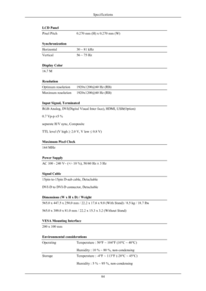 Page 85LCD Panel
Pixel Pitch0.270 mm (H) x 0.270 mm (W)
Synchronization
Horizontal30 ~ 81 kHz
Vertical56 ~ 75 Hz
Display Color
16.7 M
Resolution
Optimum resolution1920x1200@60 Hz (RB)
Maximum resolution1920x1200@60 Hz (RB)
Input Signal, Terminated
RGB Analog, DVI(Digital Visual Inter face), HDMI, USB(Option)
0.7 Vp-p ±5 %
separate H/V sync, Composite
TTL level (V high ≥ 2.0 V, V low ≤ 0.8 V)
Maximum Pixel Clock
164 MHz
Power Supply
AC 100 - 240 V~ (+/- 10 %), 50/60 Hz ± 3 Hz
Signal Cable
15pin-to-15pin D-sub...