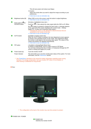 Page 15 
 
 
 
 
 
  This will save power and reduce eye fatigue. 
4) Custom 
Select this mode when you want to adjust the image according to your 
preferences. 
>> Click here to see an animation clip 
Brightness button [ ]  
 When OSD is not on the screen, push the button to adjust brightness. 
>> Click here to see an animation clip 
Enter button [ ] /  
SOURCE button Activates a highlighted menu item. /  
Push the  , then selects the video signal while the OSD is off. (When 
the   button is pressed to change...