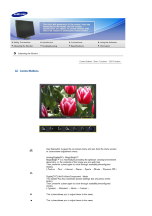 Page 32 
 
 Control Buttons 
 
Use this button to open the on-screen menu and exit from the menu screen 
or close screen adjustment menu. 
Analog/Digital(PC) : MagicBright™  
MagicBright™ is a new feature providing the optimum viewing environment 
depending on the contents of the image you are watching.  
Then press the button again to circle through available preconfigured 
modes.  
( Custom → Text 
→ Internet 
→ Game 
→ Sports 
→ Movie 
→ Dynamic CR ) 
 
 
Digital(DVD)/AV/S-Video/Component : Mode 
The Monitor...