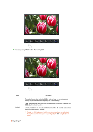 Page 34 
 
 
 
 In case of pushing MENU button after locking OSD
Menu Description
LockedThis is the function that locks the OSD in order to keep the current states of 
settings or prevent others from adjusting the current settings.  
 
Lock : Hold down the menu button for more than five (5) seconds to activate the 
OSD adjustment lock function. 
 
Unlock : Hold down the menu button for more than five (5) seconds to deactivate 
the OSD adjustment lock function. 
 
Though the OSD adjustment lock function is...