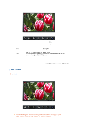 Page 37 
 
  
Menu Description
PIPPush the PIP button to turn PIP screen On/Off.  
You can view a picture from AV, S-Video, or Component through the PIP 
screen in Analog and Digital (PC) mode.
 
 
 OSD Function 
Input  
The default setting may different depending on the selected Input Mode (input signal 
source selected in External Input List) and the selected resolution.
 