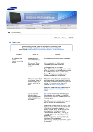 Page 45 
 Check List
Before calling for service, check the information in this section to see  if you can remedy any problems yourself. If you do need assistance,  
please call the  phone number on the Information section or contact your dealer . 
Symptom Check List Solutions
No images on the 
screen.  
I cannot turn on the 
monitor. Is the power cord 
connected properly?
Check the power cord connection and supply.
Can you see Check 
signal cable on the 
screen?  (Connected using the D-sub cable)  
Check the...