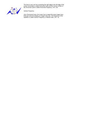 Page 53The time to scan one line connecting the right edge to the left edge of the 
screen horizontally is called Horizontal Cycle and the inverse number of 
the Horizontal Cycle is called Horizontal Frequency. Unit : kHz 
Vertical Frequency
Like a fluorescent lamp, the screen has to repeat the same image many 
times per second to display an image to the user. The frequency of this 
repetition is called Vertical Frequency or Refresh Rate. Unit : Hz
 