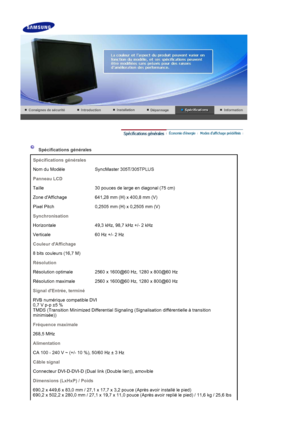 Page 23 
 
 Spécifications générales   
Spécifications générales
Nom du Modèle  SyncMaster 305T/305TPLUS
Panneau LCD
Taille 30 pouces de large en diagonal (75 cm)
Zone dAffichage 641,28  mm (H) x 400,8 mm (V)
Pixel Pitch 0,2505 mm  (H) x 0,2505 mm (V)
Synchronisation
Horizontale 49,3 kHz,  98,7 kHz +/- 2 kHz
Verticale 60 Hz +/- 2 Hz
Couleur dAffichage
8 bits couleurs (16,7 M)
Résolution
Résolution optimale 2560 x 1600@60 Hz, 1280 x 800@60 Hz
Résolution maximale 2560 x 1600@60 Hz, 1280 x 800@60 Hz
Signal...