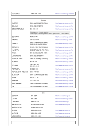 Page 27VENEZUELA 0-800-100-5303http://www.samsung.com/latin
 
 
Europe 
AUSTRIA 0800-SAMSUNG(726-7864)http://www.samsung.com/at
BELGIUM 0032 (0)2 201 24 18http://www.samsung.com/be
CZECH REPUBLIC 844 000 844http://www.samsung.com/cz
DENMARK 70 70 19 70http://www.samsung.com/dk
FINLAND 030-6227 515http://www.samsung.com/fi
FRANCE3260 SAMSUNG(726-7864) 
08 25 08 65 65(€ 0,15/Min)http://www.samsung.com/fr
GERMANY 01805 - 121213 (€ 0,14/Min)http://www.samsung.com/de
HUNGARY 06-80-SAMSUNG...