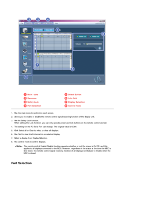 Page 46 
  
Main IconsSelect Button
RemoconInfo Grid
Safety LockDisplay Selection
Port SelectionControl Tools 
1. Use the main icons to switch into each screen.
2. Allows you to enable or disable the remote control signal receiving function of the display unit. 
3. Set the Safety Lock function. 
When setting the Lock function, you can only operate power and lock buttons on the remote control and set.
4. The setting for the PC Serial Port can change. The original value is COM1. 
5. Click Select all or Clear to...