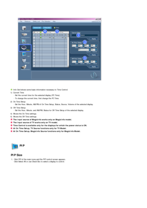 Page 53 
 
 
Info Grid shows some basic information necessary to Time Control.
1) Current Time 
- Set the current time for the selected display (PC Time).
- To change the current time, first change the PC Time.
2) On Time Setup 
- Set the Hour, Minute, AM/PM of On Time Setup, Status, Source, Volume of the selected display.
3) Off Time Setup 
- Set the Hour, Minute, and AM/PM, Status for Off Time Setup of the selected display.
4) Shows the On Time settings.
5) Shows the Off Time settings.
The Input source of...