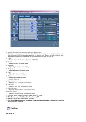 Page 56 
 
 
Info Grid shows some basic information necessary to Settings Control.  
When each function is selected, the set value of the selected function is displayed in the slide.When selected, each 
function fetches the value for the set and displays it on the slide bar. When Select All is chosen, the default value 
is displayed. Changing a value in this screen will automatically change the mode to CUSTOM. 
1) Picture 
- Available only for TV, AV, S-Video, Component, HDMI, DTV.
2) Contrast 
- Adjusts...