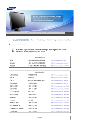 Page 182Contact SAMSUNG WORLDWIDE
If you have any questions or comments relating to Samsung products, please 
contact the SAMSUNG customer care center. 
North America
U.S.A 1-800-SAMSUNG (7267864) http://www.samsung.com
CANADA 1-800-SAMSUNG (7267864) http://www.samsung.com/ca
MEXICO 01-800-SAMSUNG (7267864) http://www.samsung.com/mx
Latin America
ARGENTINE 0800-333-3733 http://www.samsung.com/ar
BRAZIL 4004-0000 http://www.samsung.com/br
CHILE 800-726-7864 (SAMSUNG) http://www.samsung.com/cl
COLOMBIA...