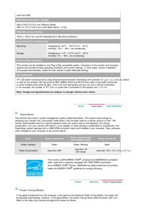 Page 63Less than 25W 
Dimensions (WxDxH)/ Weight
338.0 X 56.3 X 272.0 mm (Without Stand) 
338.0 X 175.0 X 337.0 mm (with Basic Stand) / 3.0kg
VESA Mounting Interface
75mm x 75mm (for use with Specialty(Arm) Mounting hardware.)
Environmental considerations
OperatingTemperature: 50°F ~ 104°F(10°C ~ 40°C)  
Humidity: 10% ~ 80%, non-condensing
StorageTemperature: -4°F ~113°F (-20°C ~ 45°C)  
Humidity: 5% ~ 95%, non-condensing
Plug and Play Capability
This monitor can be installed on any Plug & Play compatible...