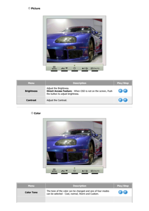 Page 33MenuDescriptionPlay/Stop
BrightnessAdjust the Brightness.  
Direct Access Feature 
: When OSD is not on the screen, Push 
the button to adjust brightness. 
ContrastAdjust the Contrast. 
 
 
 Color 
MenuDescriptionPlay/Stop
Color Tone The tone of the color can be changed and one of four modes 
can be selected - Cool, normal, Warm and Custom.
 Picture 
 