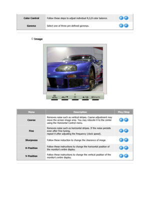 Page 34Color ControlFollow these steps to adjust individual R,G,B color balance.
GammaSelect one of three pre-defined gammas.
 
 
 Image 
MenuDescriptionPlay/Stop
CoarseRemoves noise such as vertical stripes. Coarse adjustment may 
move the screen image area. You 
may relocate it to the center 
using the Horizontal Control menu.
Fine
Removes noise such as horizontal stripes. If the noise persists 
even after Fine tuning,  
repeat it after adjusting the frequency (clock speed).
Sharpness Follow these instuction...
